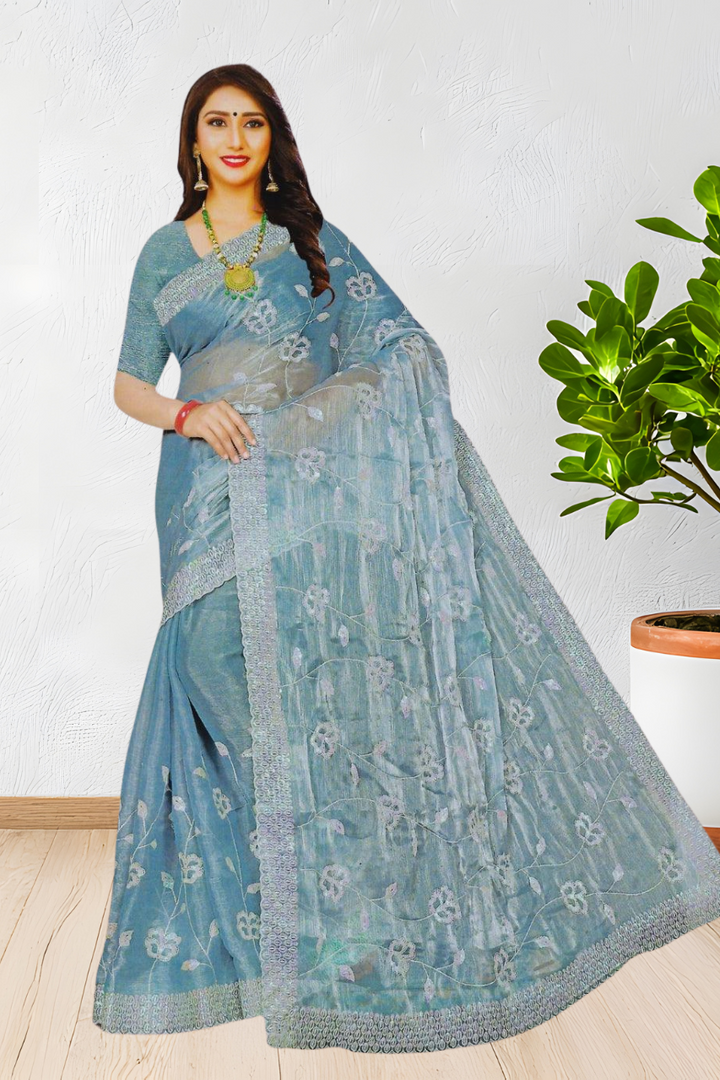 JIMMY CHOO SAREE WITH BEAUTIFUL FLORAL EMBROIDERY WORK, 4 BEAUTIFUL COLORS