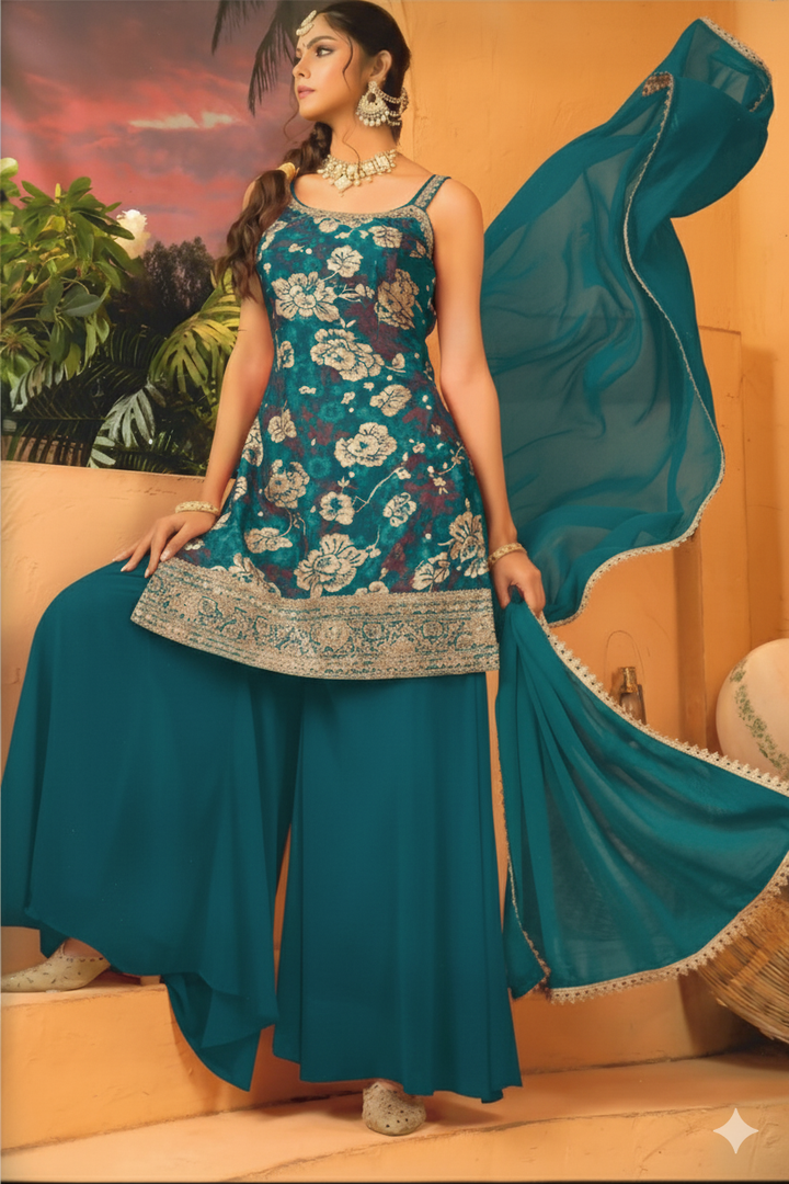 SLEEVLESS FESTIVE SHARARA DRESSES ,5 BEAUTIFUL COLORS,  {Sleeves Attached}