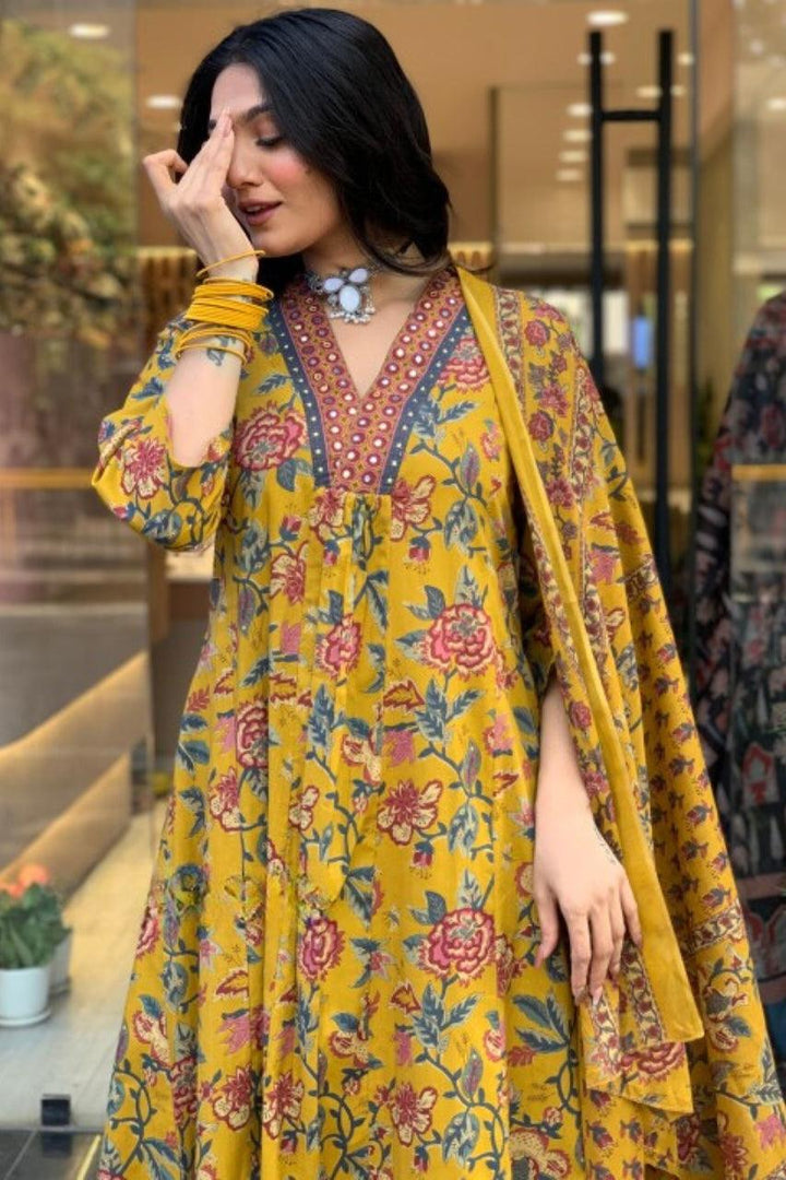 A LINE COTTON FLORAL 3 PIECE SUITS WITH COTTON DUPPATA