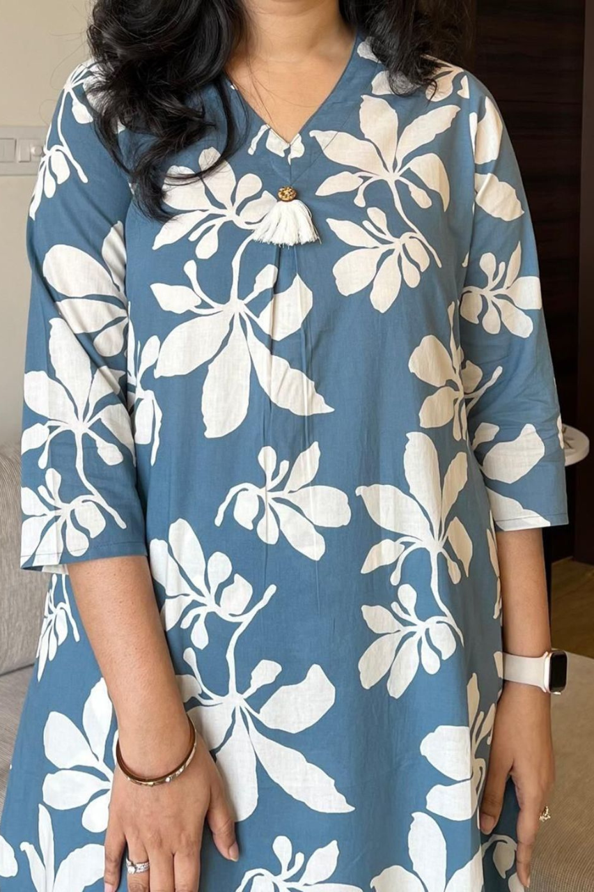 FLORAL PRINTED V NECK PURE COTTON TUNIC WITH TROUSERS CO-ORDS