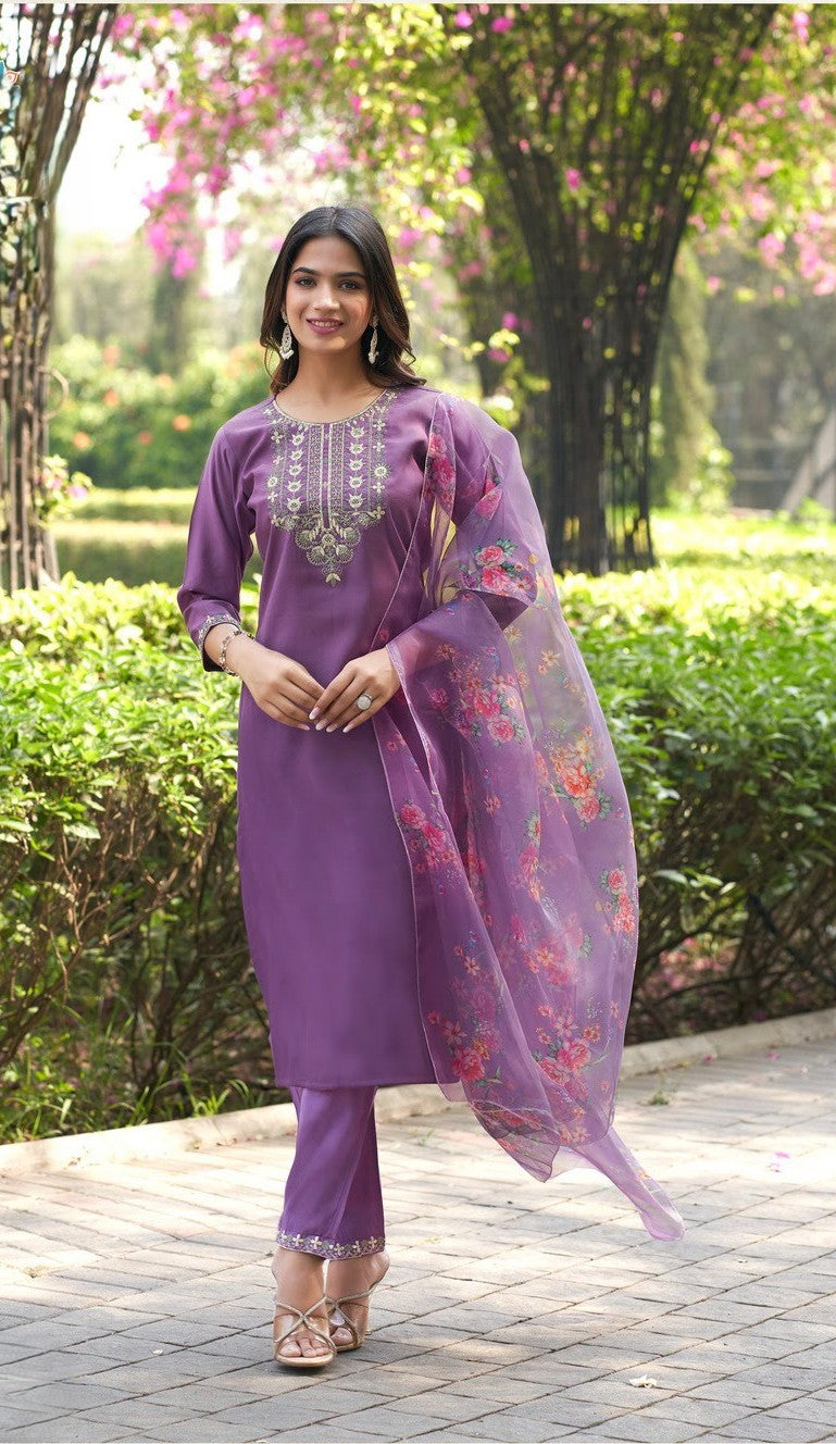 BEAUTIFUL ROMAN SILK SUIT– 8 COLORS WITH ORGANZA FLORAL DUPPATA