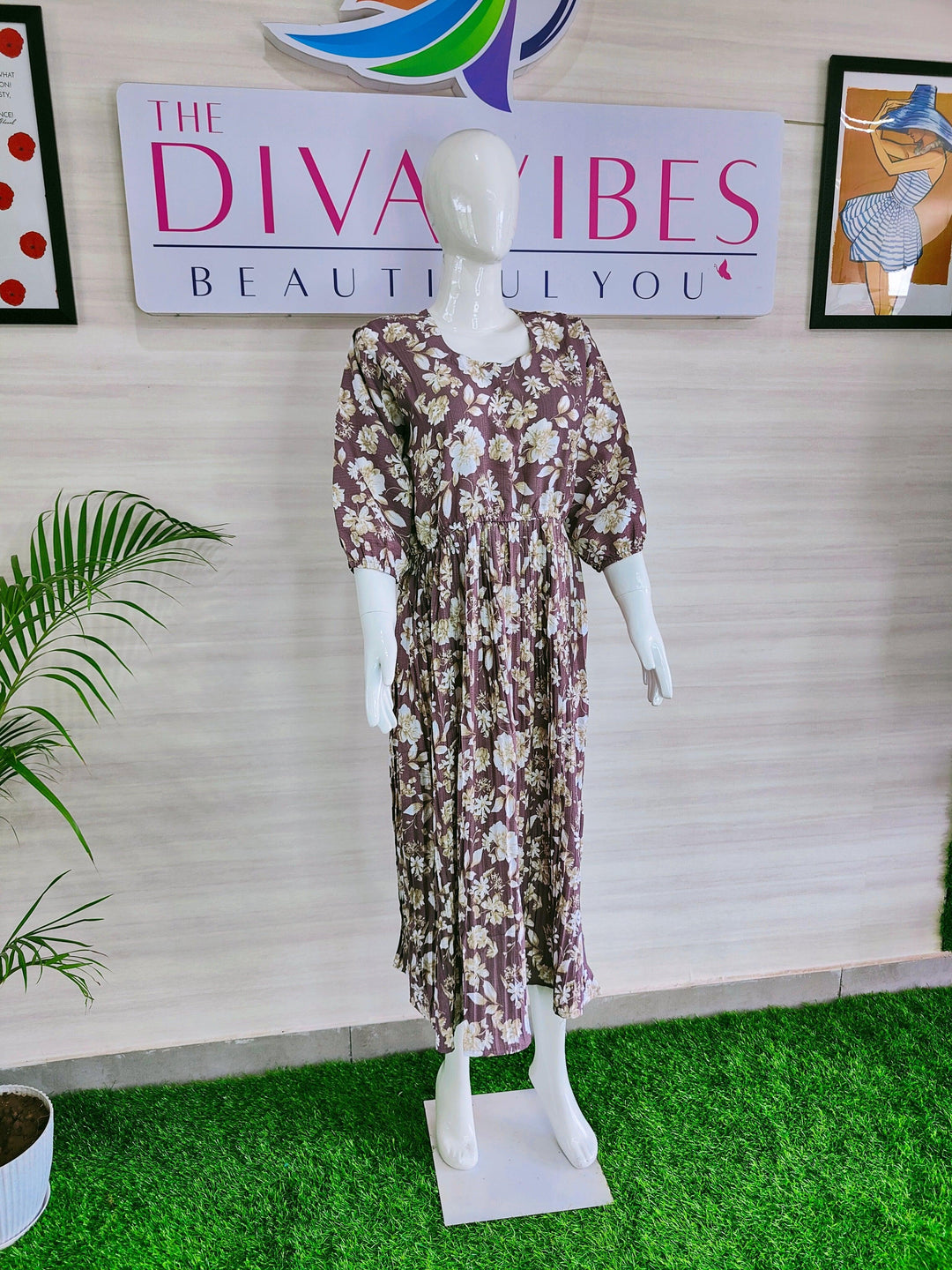 IMPORTED FABRIC POPCORN COTTON FLORAL DRESS FOR  WOMEN, 4 COLORS