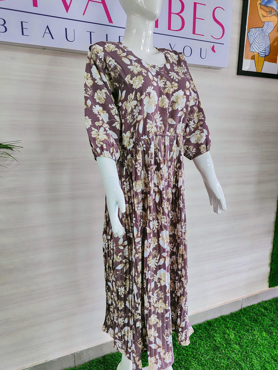 IMPORTED FABRIC POPCORN COTTON FLORAL DRESS FOR  WOMEN, 4 COLORS