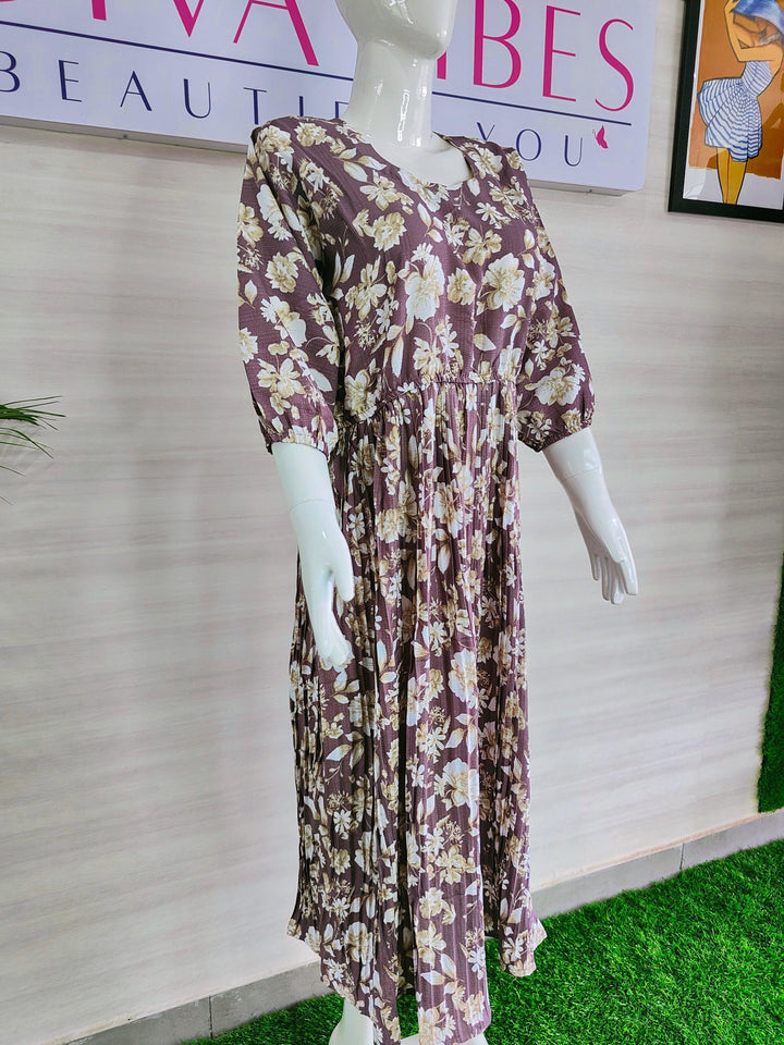IMPORTED FABRIC POPCORN COTTON FLORAL DRESS FOR  WOMEN, 4 COLORS