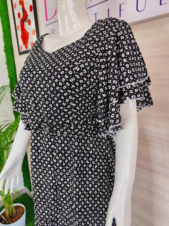 BLACK AND WHITE PRINTED IMPORTED FABRIC TUNIC DRESS FOR WOMEN  - FREE SIZE Fits M L XL 2XL