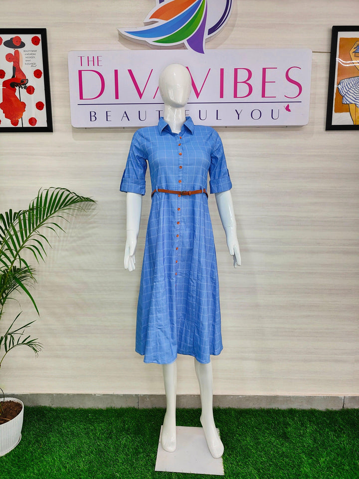 BLUE COLOR PRINTED SQUARE DENIM FABRIC TUNIC WITH BELT FOR WOMEN
