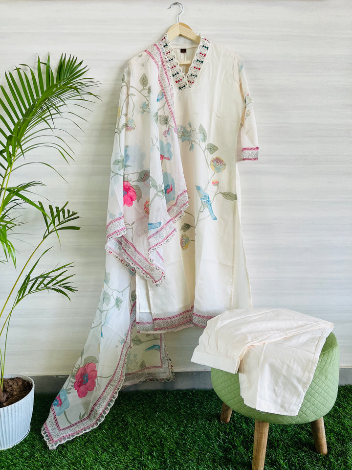 OFF WHITE TABBY SILK SUIT WITH FLORAL COTTON DUPATTA