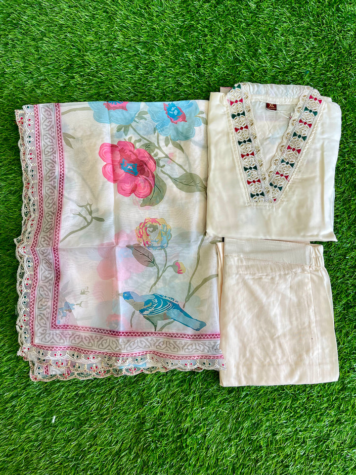 OFF WHITE TABBY SILK SUIT WITH FLORAL COTTON DUPATTA