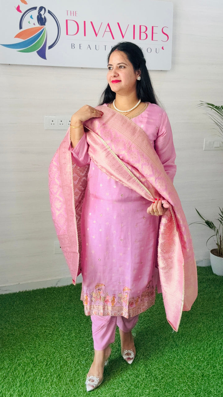 Blush Elegance – Silk Premium Women Cotton Suit with Banarasi Dupatta & Baraat Work on Daman