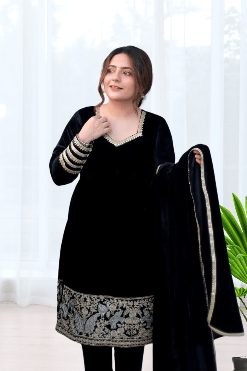 BEAUTIFUL PREMIUM VALVET BLACK SUIT WITH EMROIDERY WORK