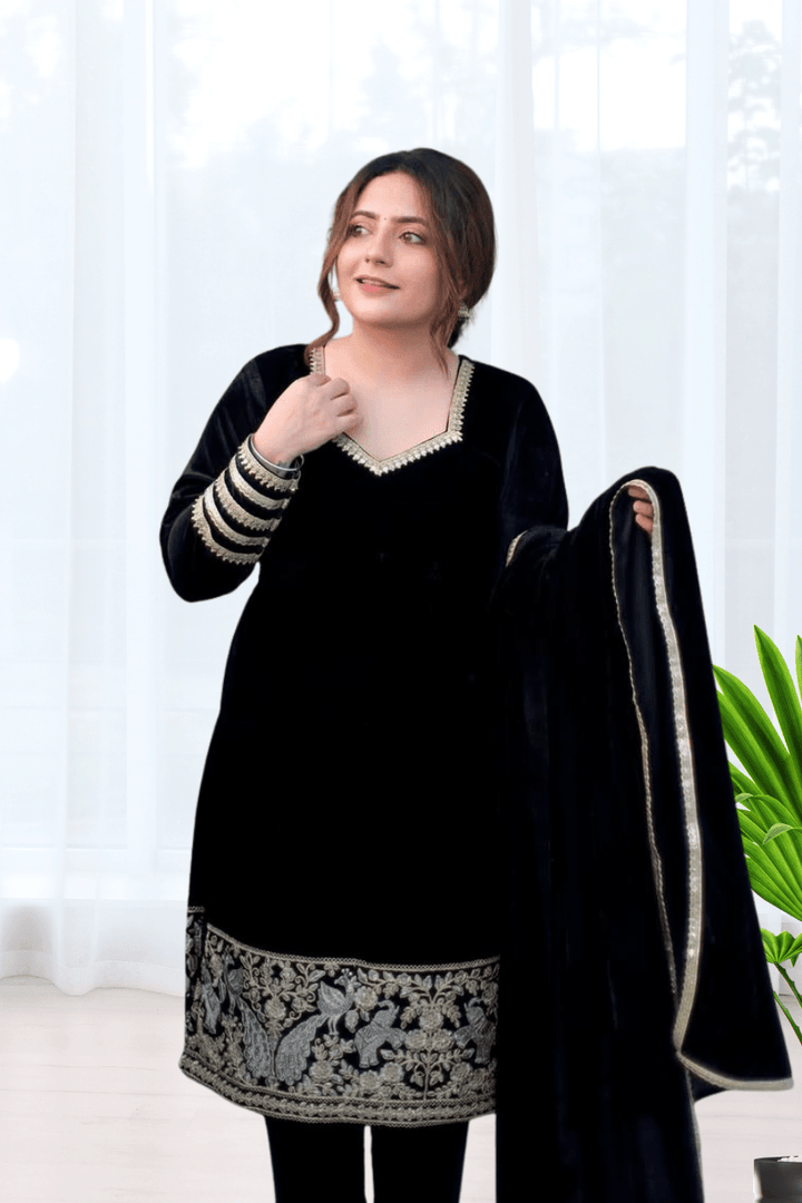BEAUTIFUL PREMIUM VALVET BLACK SUIT WITH EMROIDERY WORK