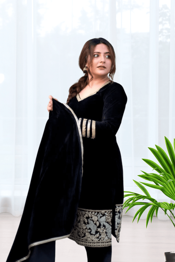 BEAUTIFUL PREMIUM VALVET BLACK SUIT WITH EMROIDERY WORK