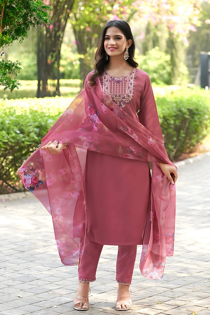 BEAUTIFUL ROMAN SILK SUIT– 8 COLORS WITH ORGANZA FLORAL DUPPATA