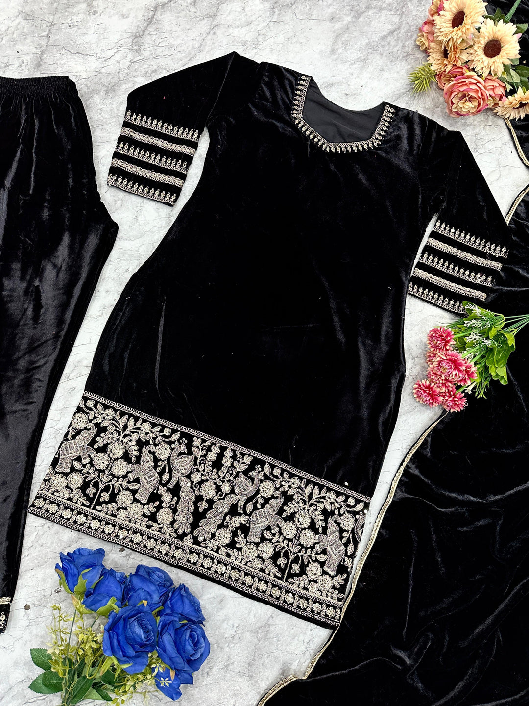 BEAUTIFUL PREMIUM VALVET BLACK SUIT WITH EMROIDERY WORK