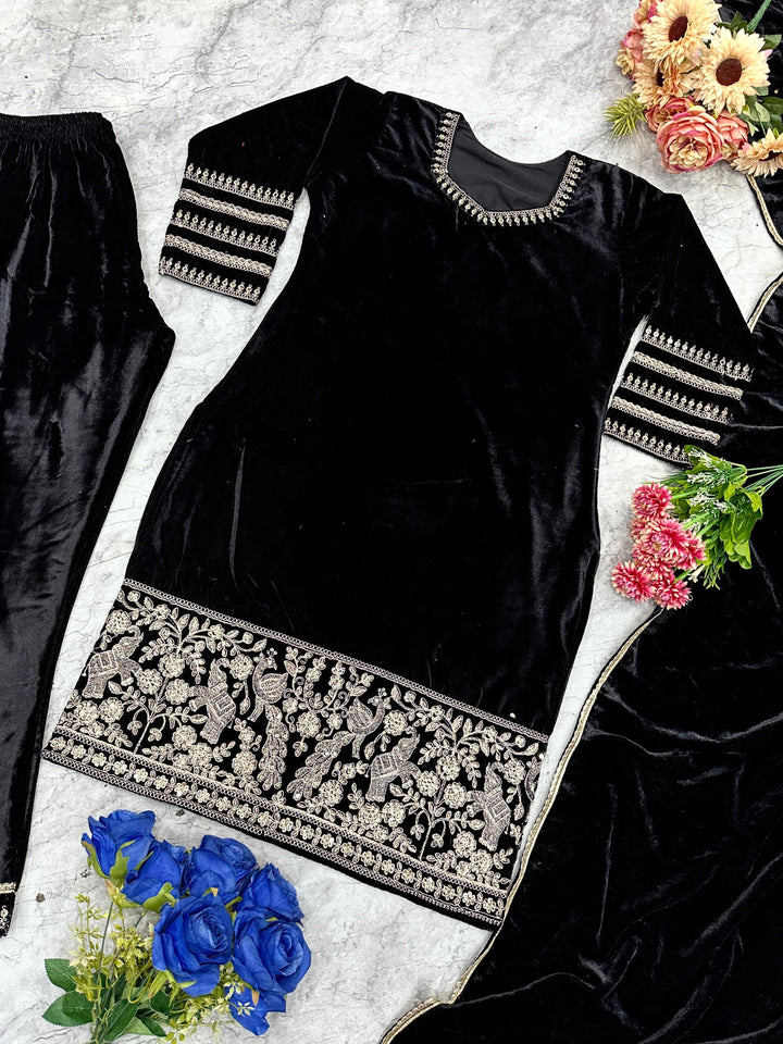 BEAUTIFUL PREMIUM VALVET BLACK SUIT WITH EMROIDERY WORK