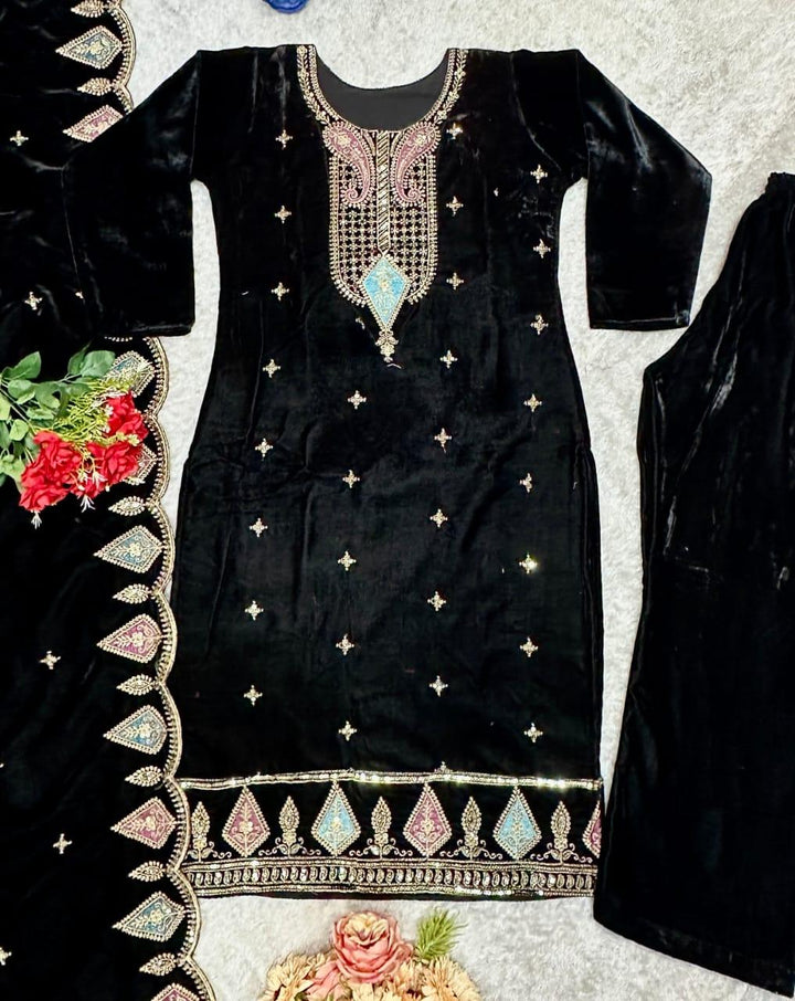BEAUTIFUL PREMIUM VALVET BLACK SUIT WITH EMROIDERY WORK