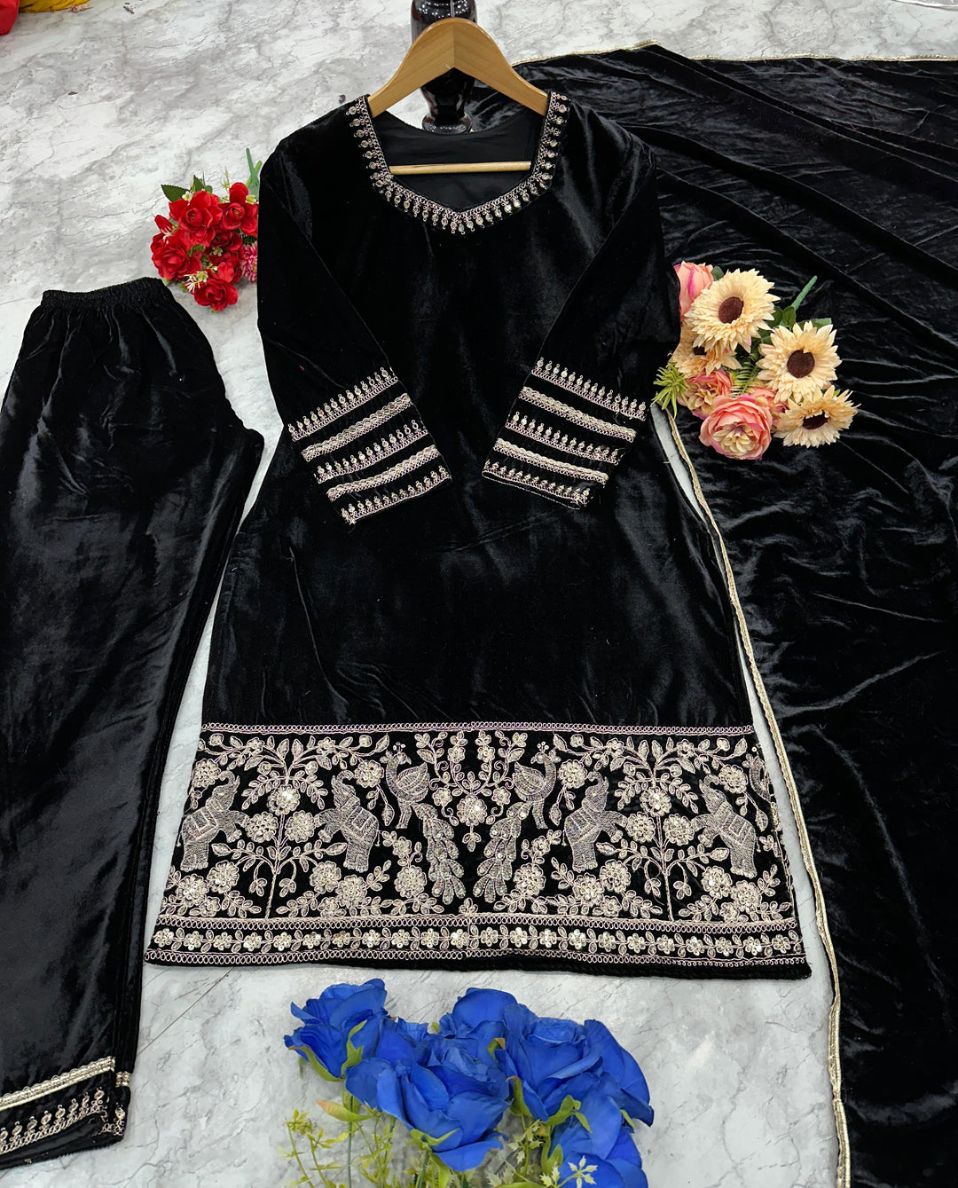 BEAUTIFUL PREMIUM VALVET BLACK SUIT WITH EMROIDERY WORK