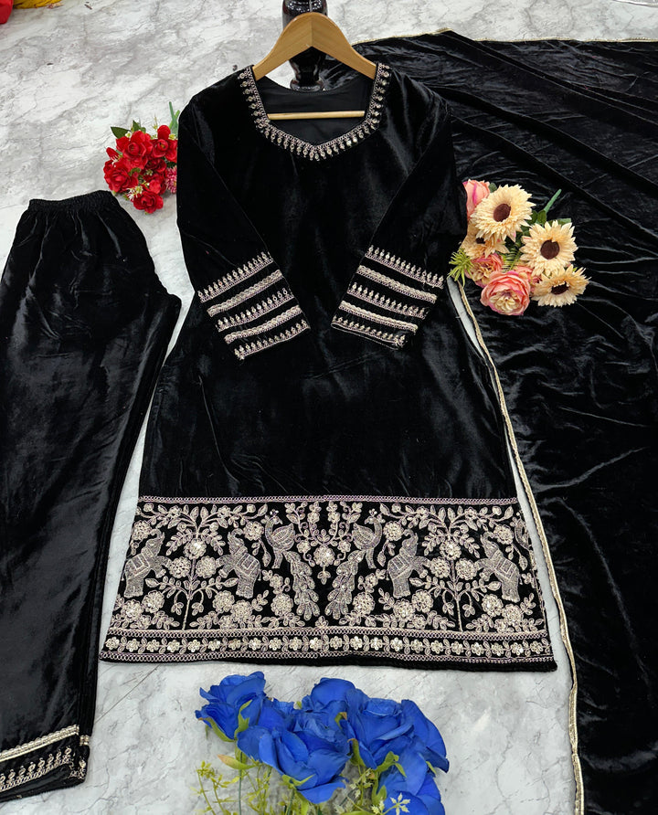 BEAUTIFUL PREMIUM VALVET BLACK SUIT WITH EMROIDERY WORK
