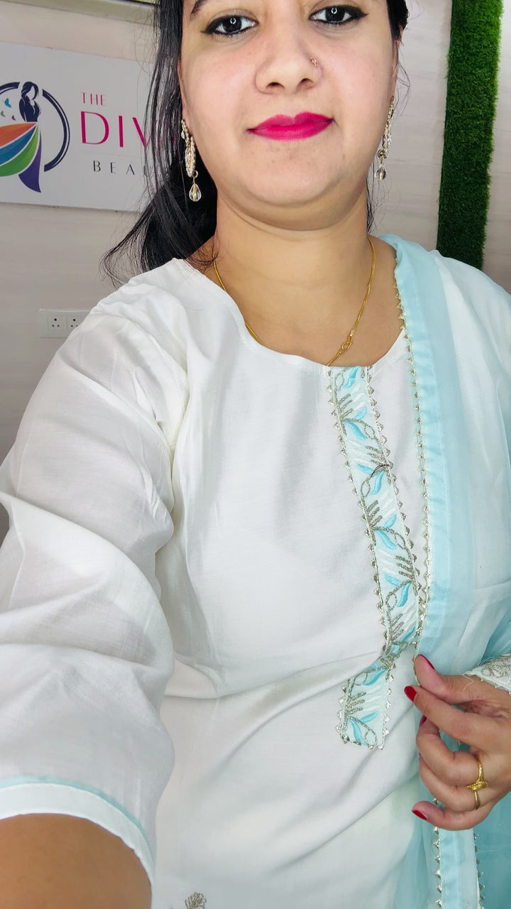 Elegant White & Sky Blue Embroidered Beautiful Suit with Delicate Detailing and Soft Dupatta
