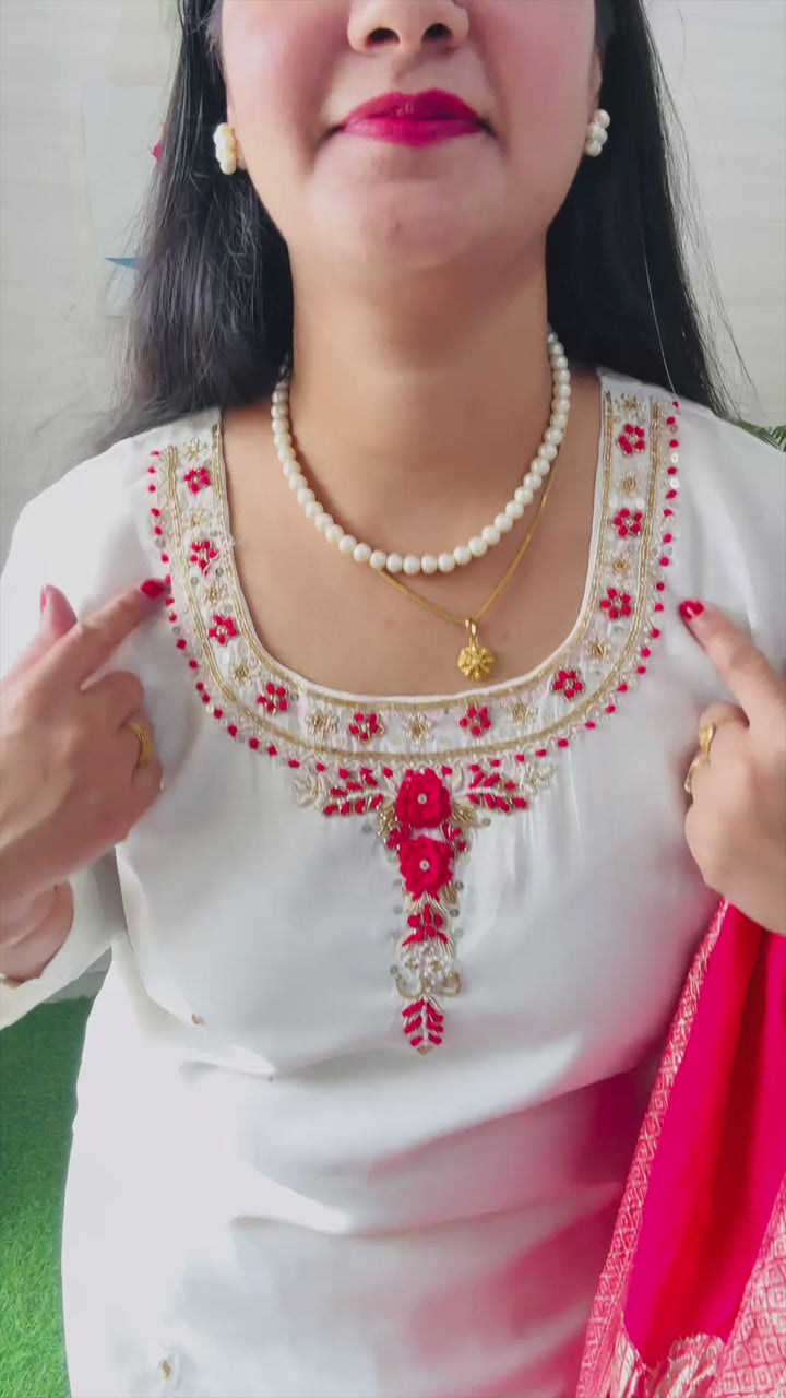BEAUTIFUL & Elegant White Soft Premium Silk Suit with FLORAL Jacquard Dupatta - LINING ATTACHED