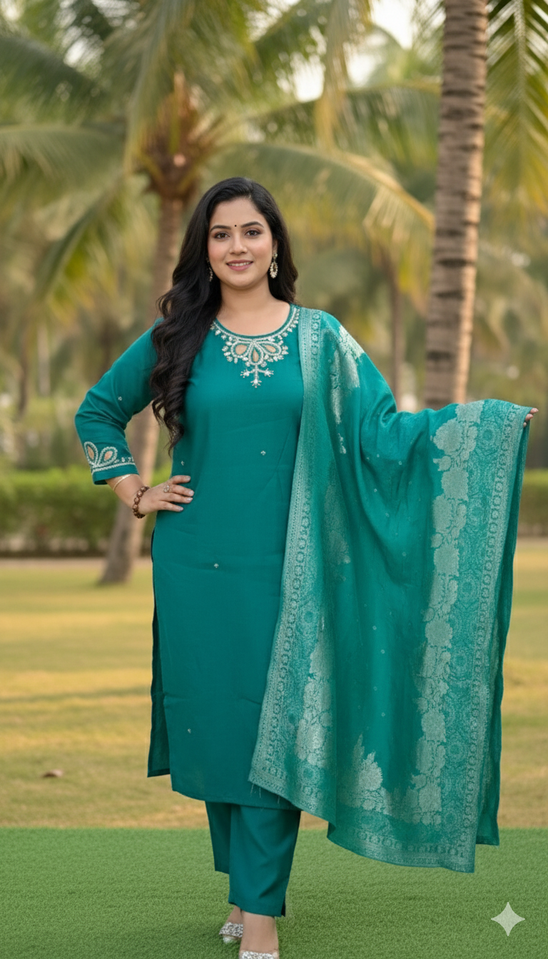 Elegant Teal Embroidered Kurta Set with Dupatta