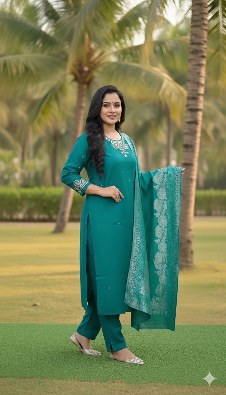 Elegant Teal Embroidered Kurta Set with Dupatta